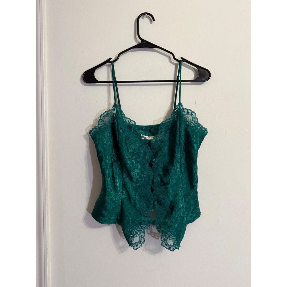 Victoria's Secret Camisole M Green Vintage Gold Label Lace Satin Jacquard Top